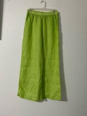 120% Lino Linen Wide-Leg Pants in Lime Green